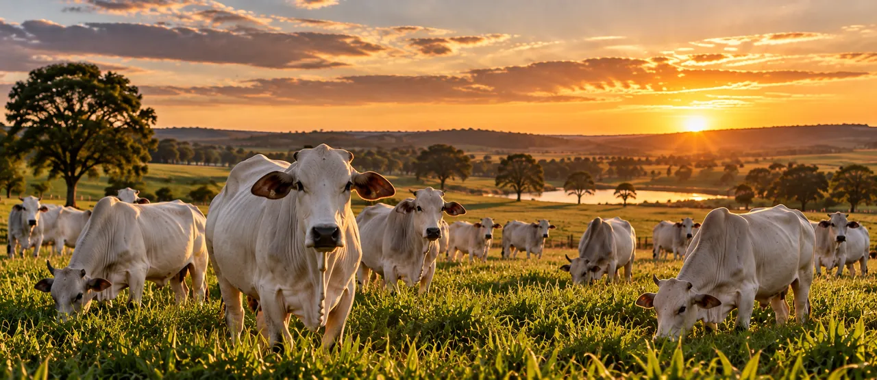 Rebanho de gado Nelore em pasto ao entardecer