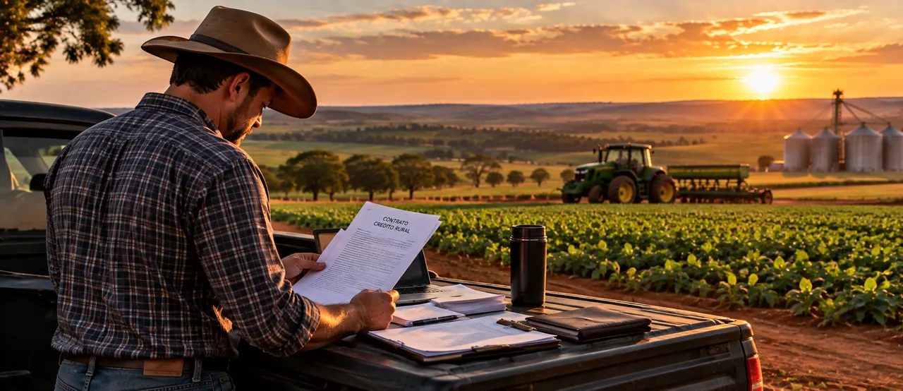 Produtor rural analisando um contrato de crédito rural na lavoura