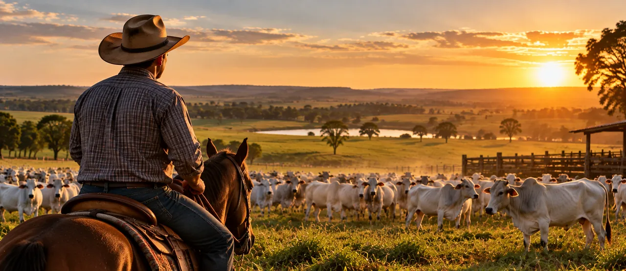 Propriedade rural com rebanho ao pôr do sol